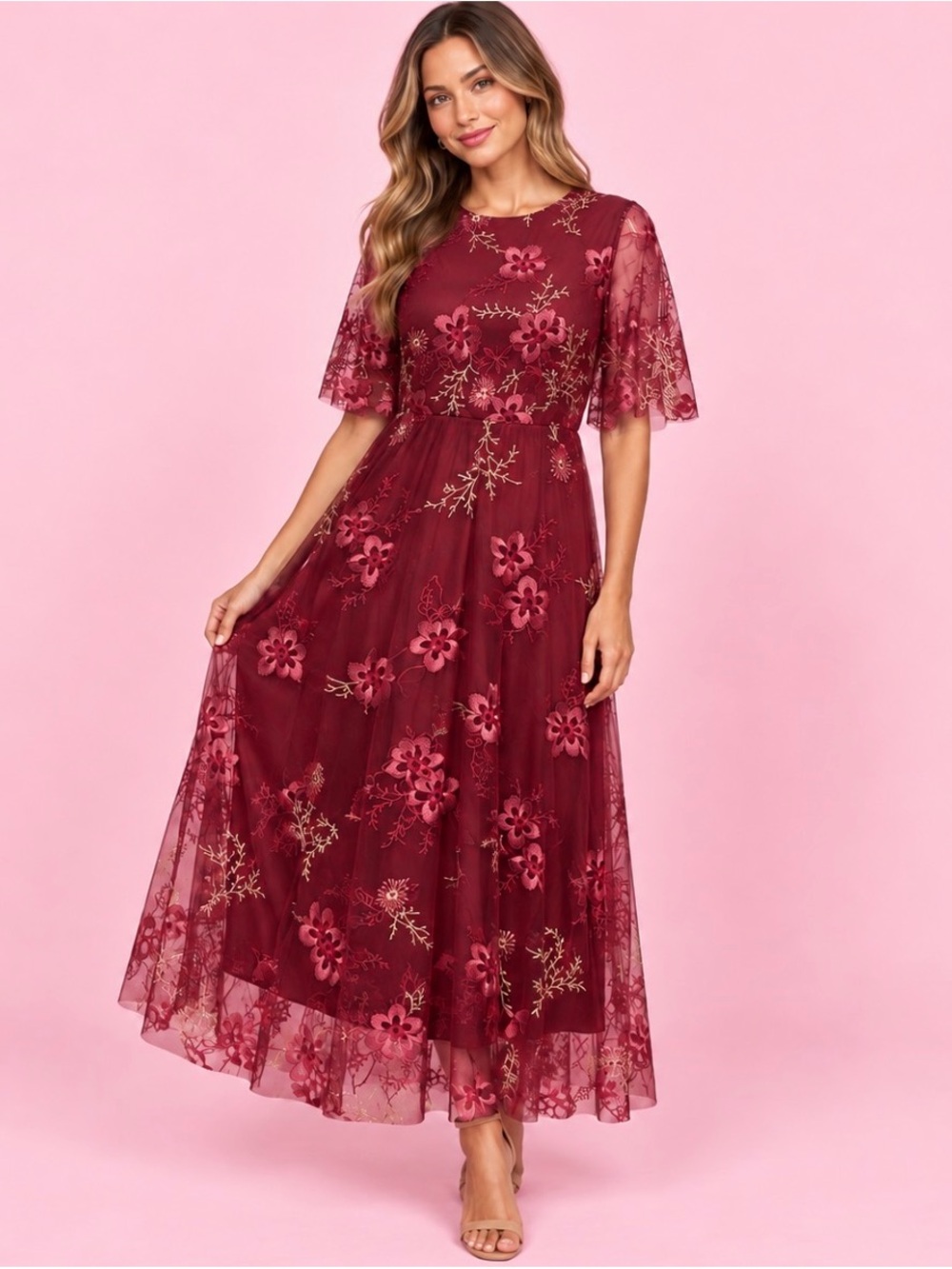 🌸 Baltic Born Burgundy Floral Embroidered Dress – Size XL 🌸